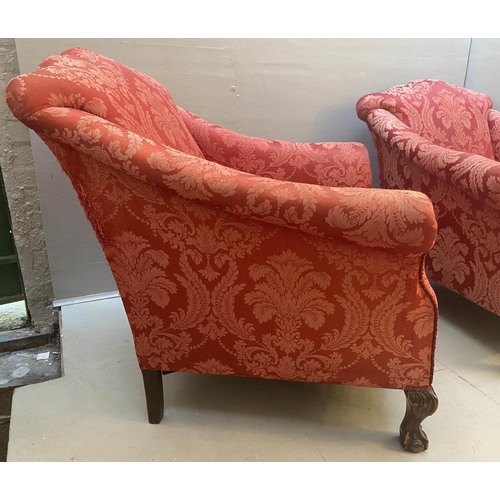 242 - ARMCHAIRS, a pair, Georgian revival in red damask upholstery with yellow seat cushions, 80cm x 90cmD... 