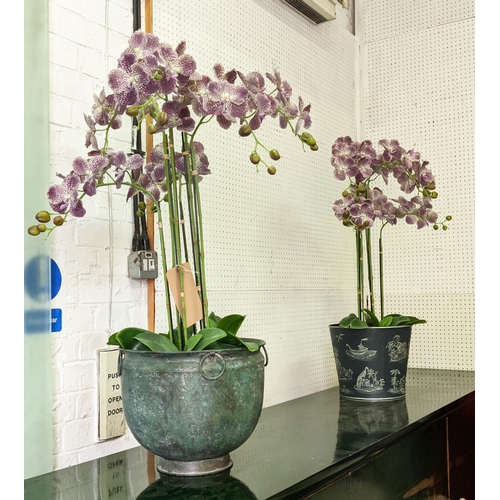 243 - FAUX ORCHID DISPLAYS, a set of two, 90cm H, in differing vessels. (2)