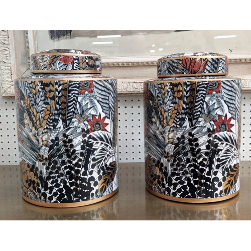 244 - GINGER JARS, a pair, glazed ceramic, foliate print design, 30cm x 19cm. (2)