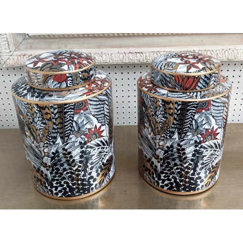 244 - GINGER JARS, a pair, glazed ceramic, foliate print design, 30cm x 19cm. (2)