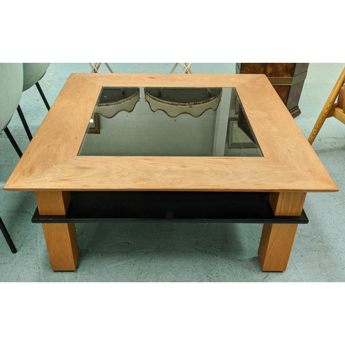 339 - LOW TABLE, oak frame, glass panel to top, lower tier, raised on square supports, 43cm H x 99.5cm W, ... 