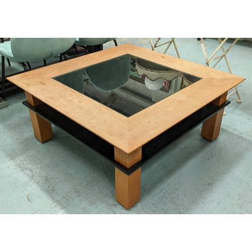 339 - LOW TABLE, oak frame, glass panel to top, lower tier, raised on square supports, 43cm H x 99.5cm W, ... 