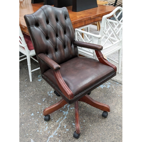 340 - DESK CHAIR, brown leather, deep buttoned back, swivel action, mahogany finish, 100cm H x 56cm W x 65... 