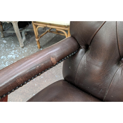 340 - DESK CHAIR, brown leather, deep buttoned back, swivel action, mahogany finish, 100cm H x 56cm W x 65... 