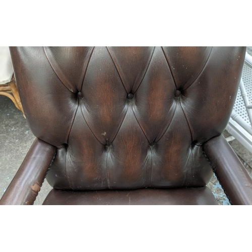 340 - DESK CHAIR, brown leather, deep buttoned back, swivel action, mahogany finish, 100cm H x 56cm W x 65... 