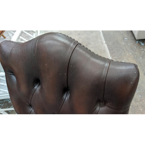 340 - DESK CHAIR, brown leather, deep buttoned back, swivel action, mahogany finish, 100cm H x 56cm W x 65... 