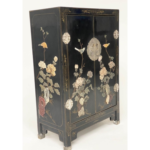 91 - CHINESE CABINET, black lacquered and chinoiserie polychrome decorated with gilt lines and silvered m... 