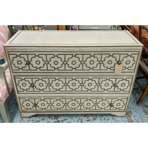 309 - CHEST OF DRAWERS, 121cm x 45cm x 86cm, upholstered finish with studded detail.