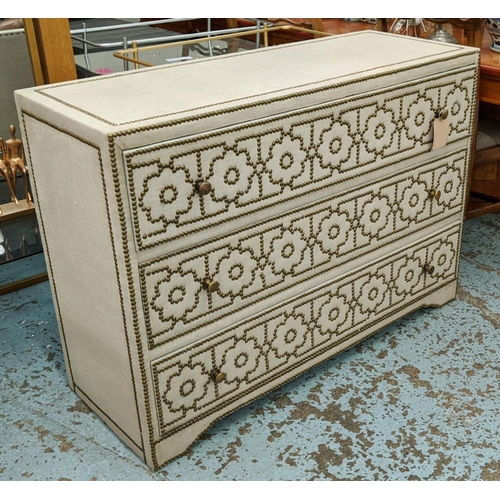 309 - CHEST OF DRAWERS, 121cm x 45cm x 86cm, upholstered finish with studded detail.