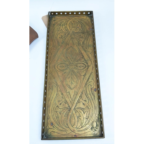 31 - NEWLYN SCHOOL BRASS ARTS AND CRAFTS TRAY, along with two shaped copper serving trays, 54cm x 20cm W.... 