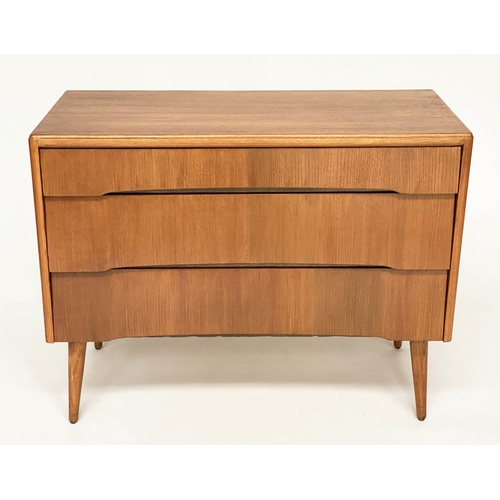 314 - AVALON YATTON CHEST, 1970s oak with three long drawers and splay supports, 91cm W x 42cm D x 70cm.