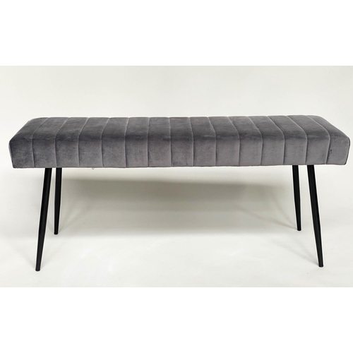 315 - WINDOW SEAT, rectangular chanelled grey velvet on slender tapering suports, 120cm W x 38cm D x 50cm ... 