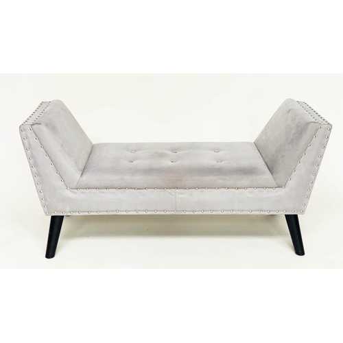 317 - WINDOW SEAT, silver studded grey velvet, rectangular with raised arms and splay supports, 130cm W x ... 