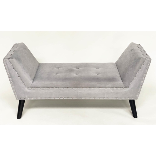 317 - WINDOW SEAT, silver studded grey velvet, rectangular with raised arms and splay supports, 130cm W x ... 