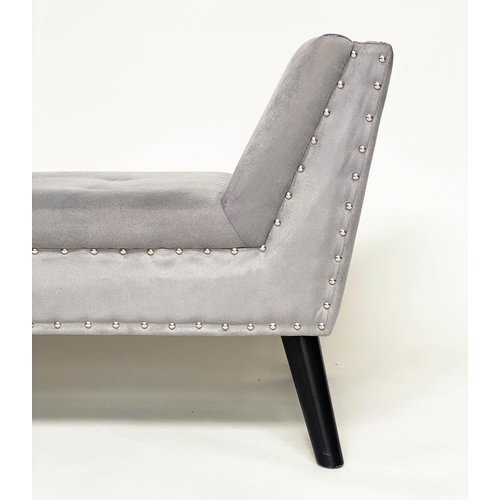 317 - WINDOW SEAT, silver studded grey velvet, rectangular with raised arms and splay supports, 130cm W x ... 