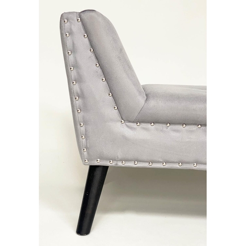 317 - WINDOW SEAT, silver studded grey velvet, rectangular with raised arms and splay supports, 130cm W x ... 