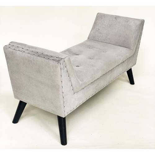 317 - WINDOW SEAT, silver studded grey velvet, rectangular with raised arms and splay supports, 130cm W x ... 