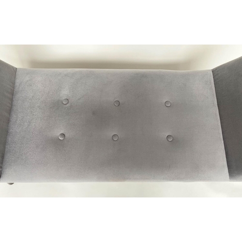 317 - WINDOW SEAT, silver studded grey velvet, rectangular with raised arms and splay supports, 130cm W x ... 