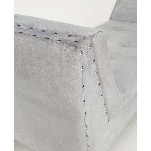 317 - WINDOW SEAT, silver studded grey velvet, rectangular with raised arms and splay supports, 130cm W x ... 