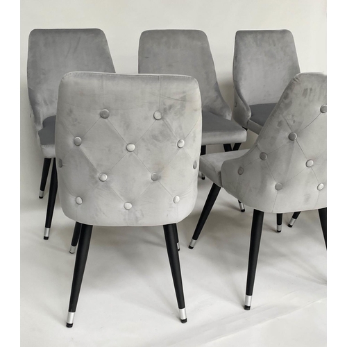 319 - DINING CHAIRS, a set of six, grey velvet with rounded buttoned backs. (6)