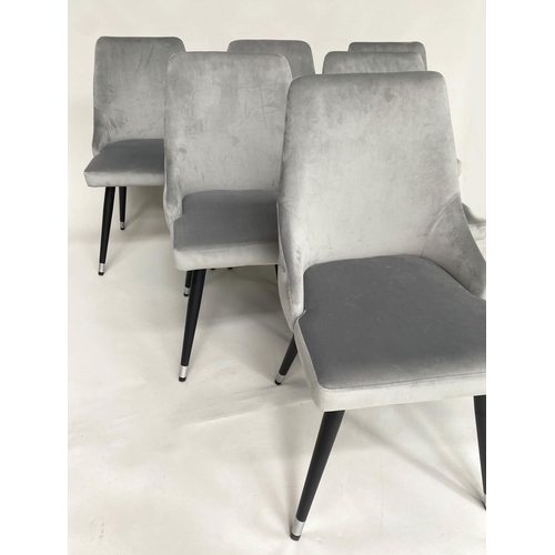 319 - DINING CHAIRS, a set of six, grey velvet with rounded buttoned backs. (6)