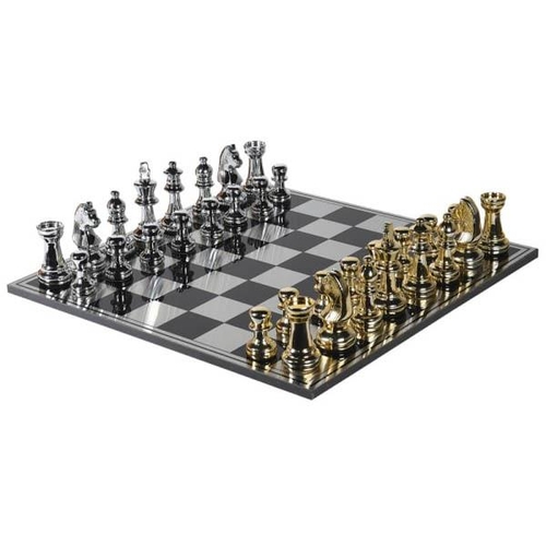 CHESS SET, with overized gilt and silvered pieces, 60cm x 60cm.