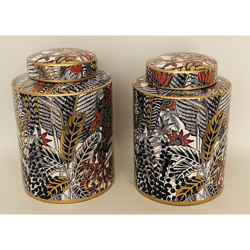 499 - GINGER JARS, a pair, glazed ceramic, foliate print design, 30cm x 19cm. (2)