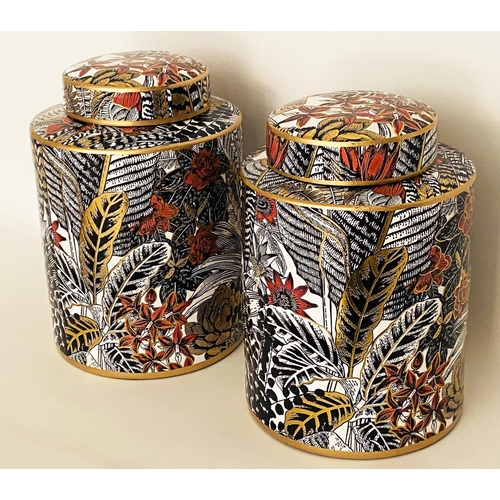 499 - GINGER JARS, a pair, glazed ceramic, foliate print design, 30cm x 19cm. (2)