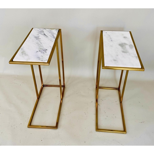 500 - MARTINI TABLES, a pair, gilt metal, inserted white marble top, 60cm x 46cm x 22cm. (2)