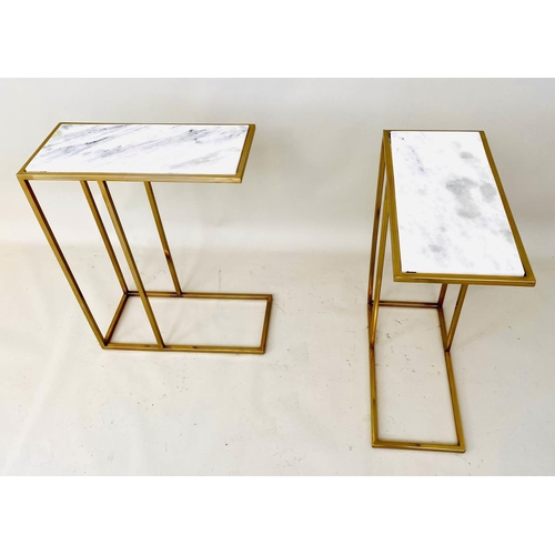 500 - MARTINI TABLES, a pair, gilt metal, inserted white marble top, 60cm x 46cm x 22cm. (2)