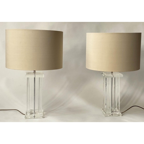 108 - PORTA ROMANA TABLE LAMPS, a pair, contemporary, each with four lucite columns and drum silk shades, ... 