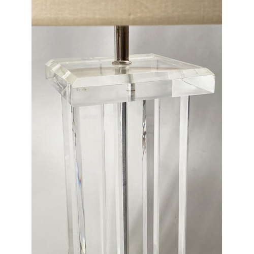 108 - PORTA ROMANA TABLE LAMPS, a pair, contemporary, each with four lucite columns and drum silk shades, ... 