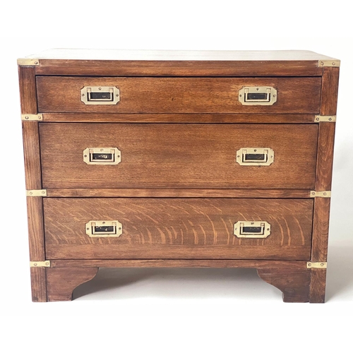 118 - CAMPAIGN STYLE CHEST, oak and brass bound with three long drawers, 75cm x 40cm x 60cm H.