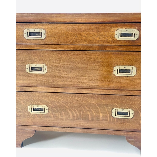 118 - CAMPAIGN STYLE CHEST, oak and brass bound with three long drawers, 75cm x 40cm x 60cm H.