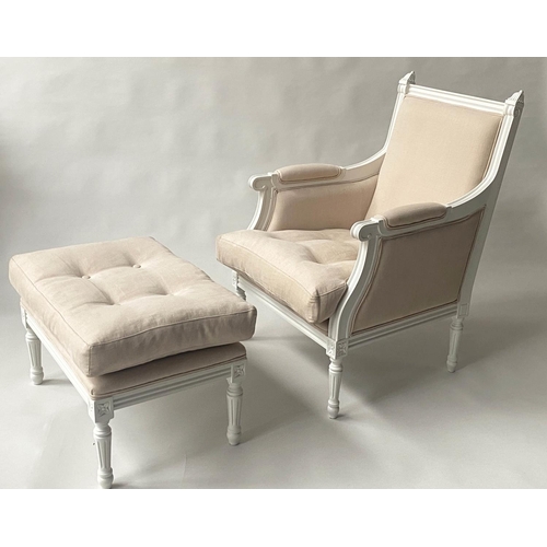 120 - BERGERE AND STOOL, French Louis XVI style grey painted and sand linen upholstered each with buttoned... 