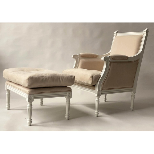 120 - BERGERE AND STOOL, French Louis XVI style grey painted and sand linen upholstered each with buttoned... 