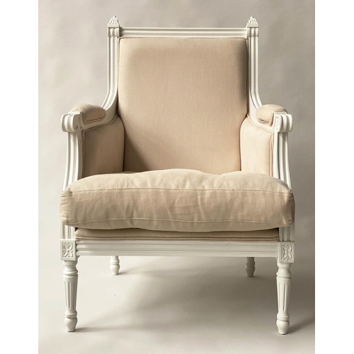 120 - BERGERE AND STOOL, French Louis XVI style grey painted and sand linen upholstered each with buttoned... 