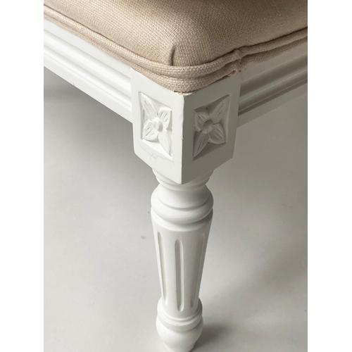 120 - BERGERE AND STOOL, French Louis XVI style grey painted and sand linen upholstered each with buttoned... 