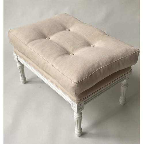 120 - BERGERE AND STOOL, French Louis XVI style grey painted and sand linen upholstered each with buttoned... 