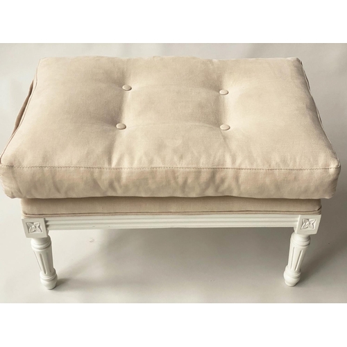 120 - BERGERE AND STOOL, French Louis XVI style grey painted and sand linen upholstered each with buttoned... 