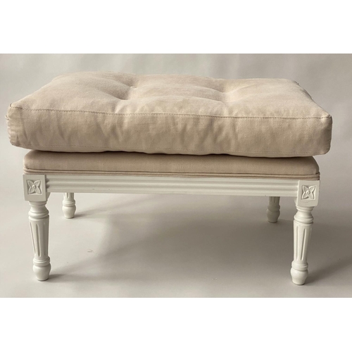 120 - BERGERE AND STOOL, French Louis XVI style grey painted and sand linen upholstered each with buttoned... 