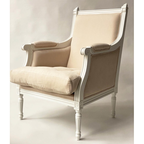 120 - BERGERE AND STOOL, French Louis XVI style grey painted and sand linen upholstered each with buttoned... 