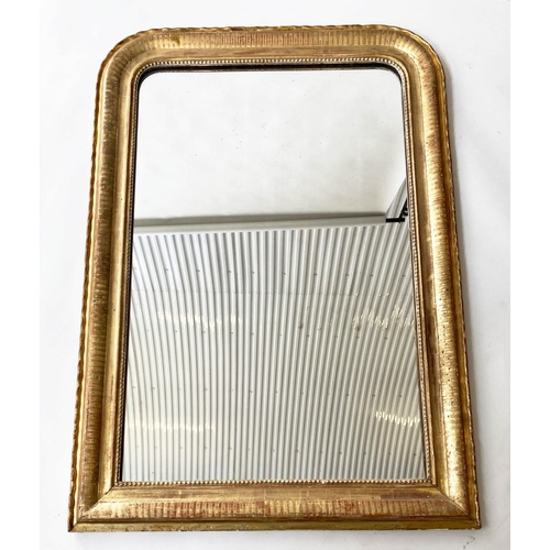 133 - OVERMANTEL MIRROR, 19th century French giltwood with arched beaded frame, 78cm x 112cm H.