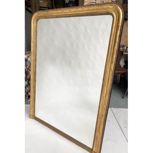 133 - OVERMANTEL MIRROR, 19th century French giltwood with arched beaded frame, 78cm x 112cm H.