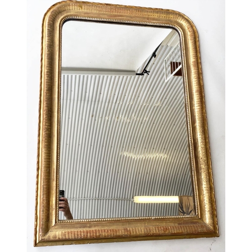 133 - OVERMANTEL MIRROR, 19th century French giltwood with arched beaded frame, 78cm x 112cm H.