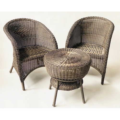 134 - TERRACE SET, all weather umber cane woven, turn arched back armchairs and circular tables, armchair ... 