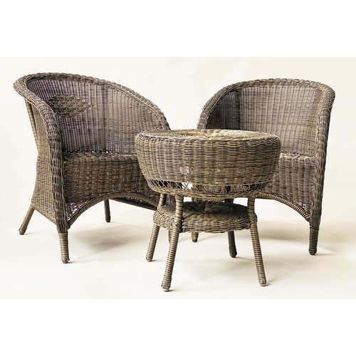 134 - TERRACE SET, all weather umber cane woven, turn arched back armchairs and circular tables, armchair ... 