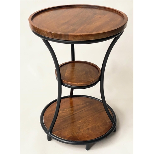 136 - COCKTAIL TABLE, three tier circular lipped and waisted, mango wood and metal framed, 46cm W x 64cm H... 