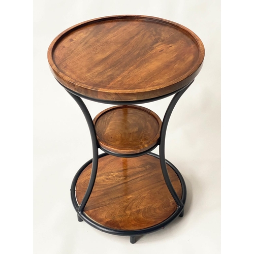 136 - COCKTAIL TABLE, three tier circular lipped and waisted, mango wood and metal framed, 46cm W x 64cm H... 