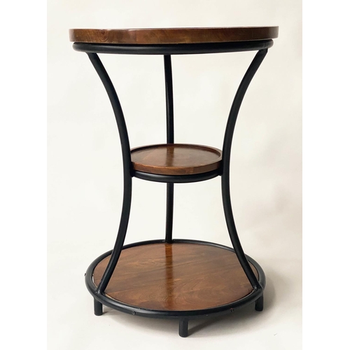 136 - COCKTAIL TABLE, three tier circular lipped and waisted, mango wood and metal framed, 46cm W x 64cm H... 